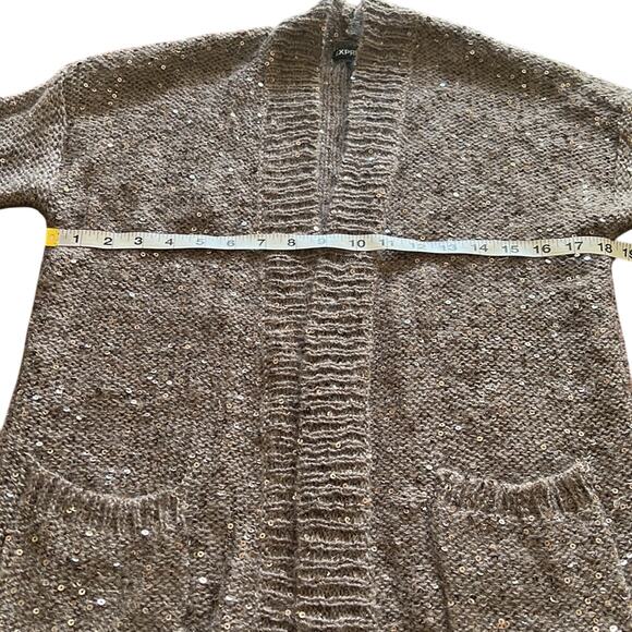 Express Size M Sequin Embellished Taupe Cardigan Sweater Open Front Pockets - Picture 8 of 9